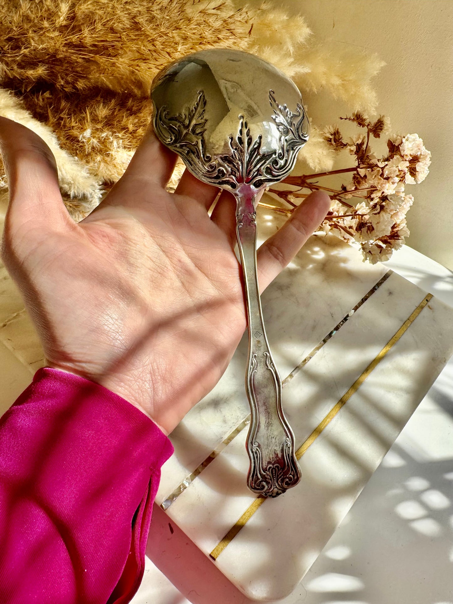 Antique Art Nouveau Silver Plated Serving Spoon with Botanical Relief