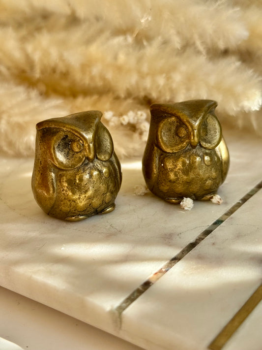 Pair of Vintage Solid Brass Owl Figurines – Mid-Century Miniature Animal Sculptures
