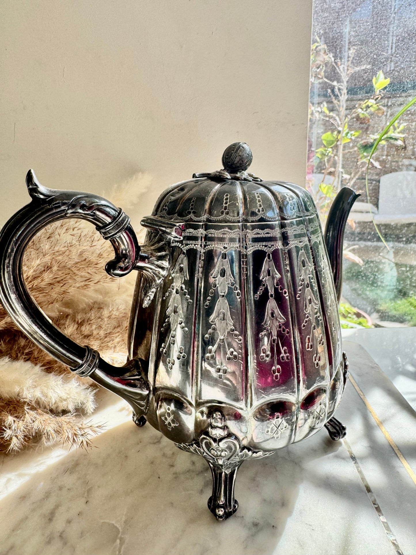 Antique James Deakin & Sons Silver Plated Teapot – Floral Engraved, Tripod Feet, Sheffield c.1890s