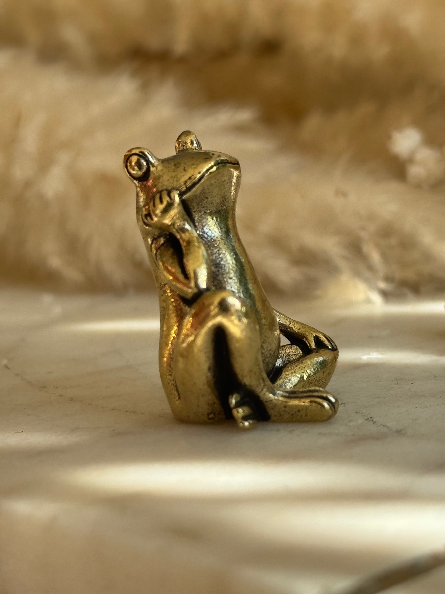 Solid Brass Thinking Frog Figurine – Miniature Sculpture