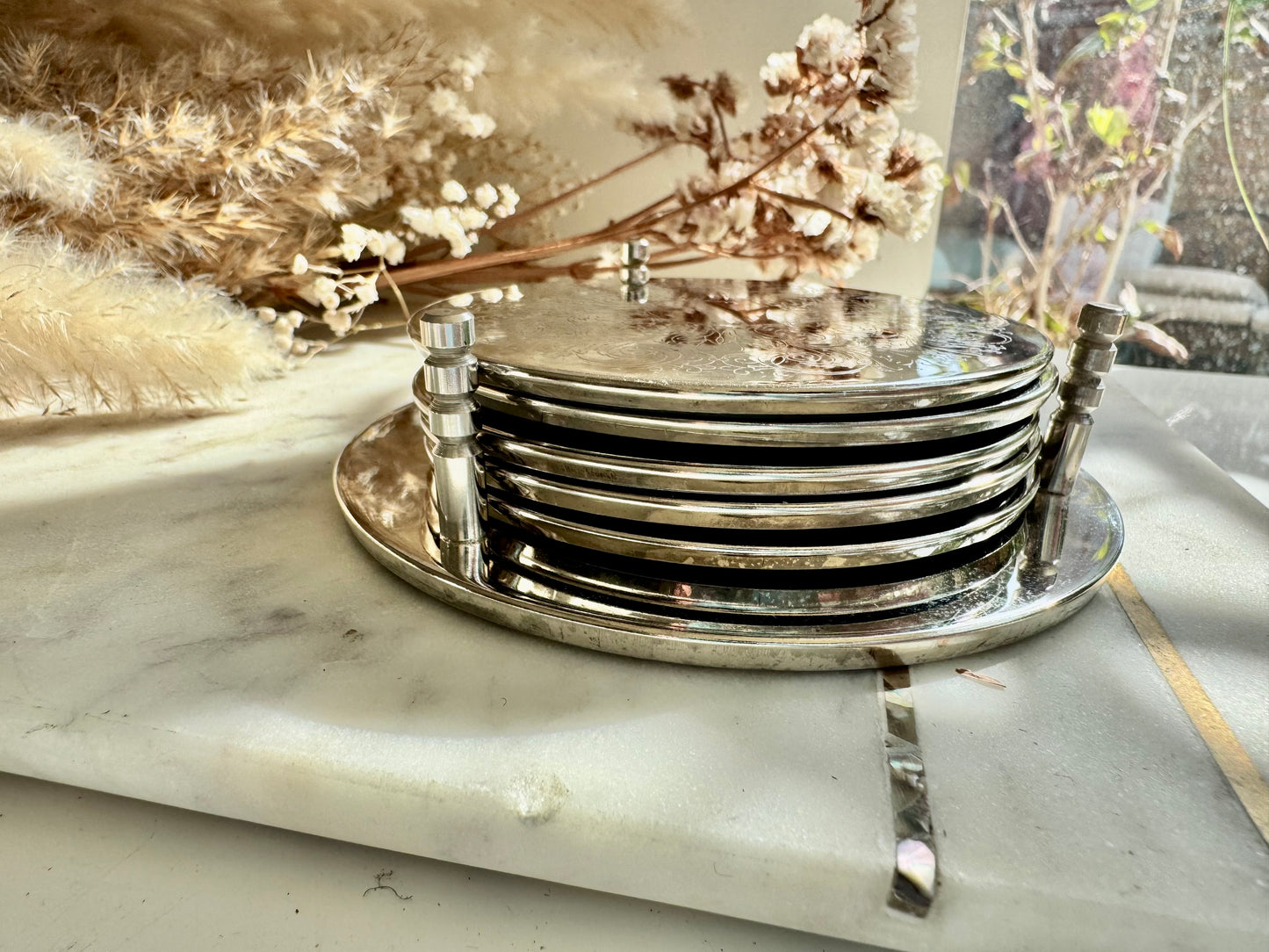 Set of 6 Vintage Silver Plated Drink Coasters with Etched Scrollwork and Rubber Backing