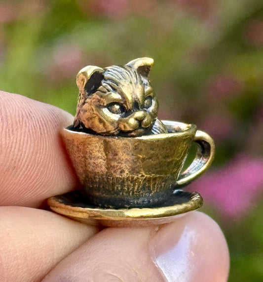 Miniature Brass Cat in Teacup – Whimsical Figurine