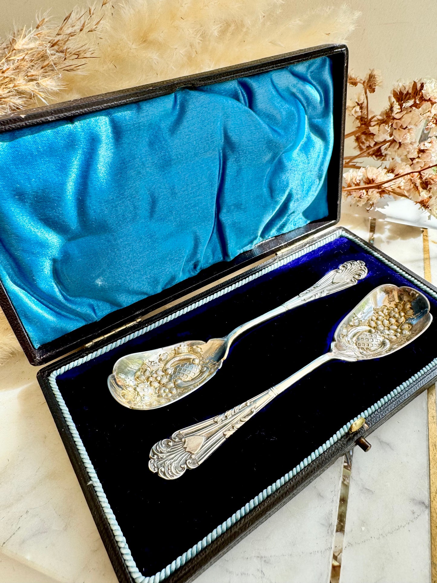 Antique Pair of Silver Plated Berry Spoons with Gilt Bowls — Grape Motif in Original Velvet Box