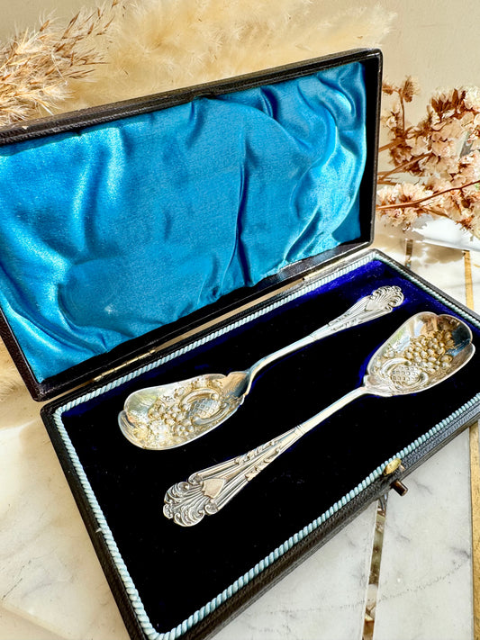 Antique Pair of Silver Plated Berry Spoons with Gilt Bowls — Grape Motif in Original Velvet Box