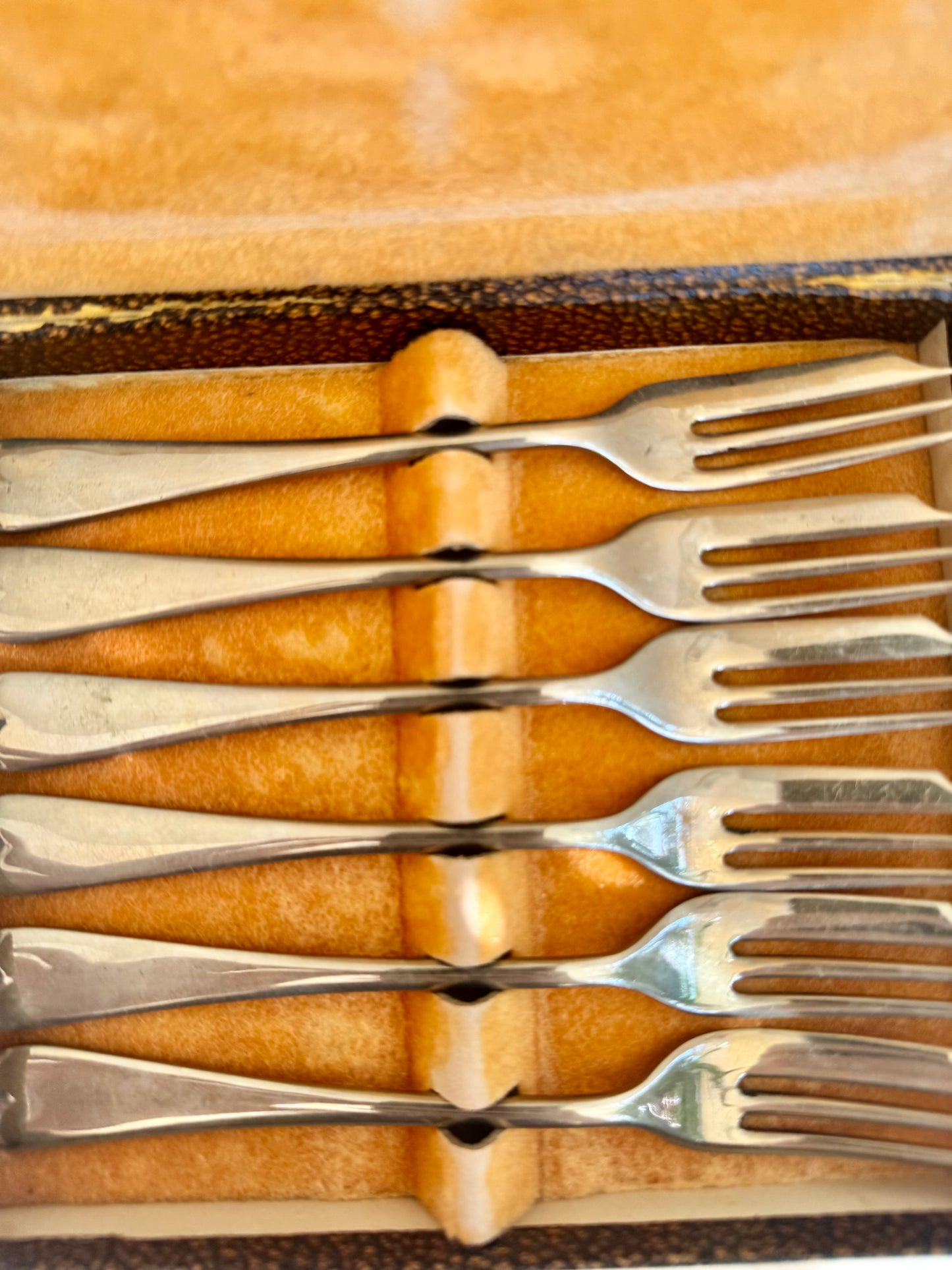 Vintage English Nickel Silver Dessert Forks – Set of 6 in Original Spelter Case