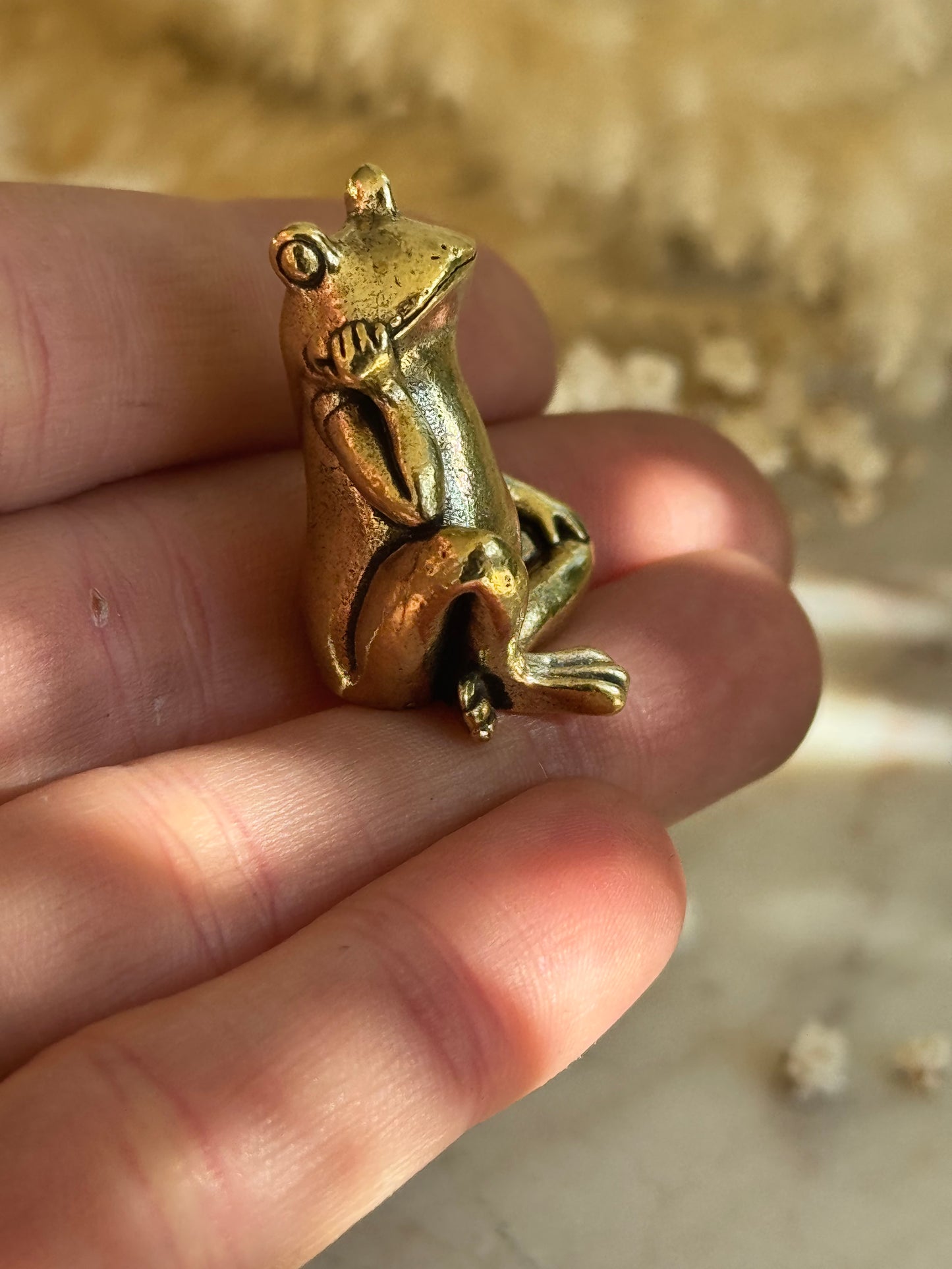 Solid Brass Thinking Frog Figurine – Miniature Sculpture