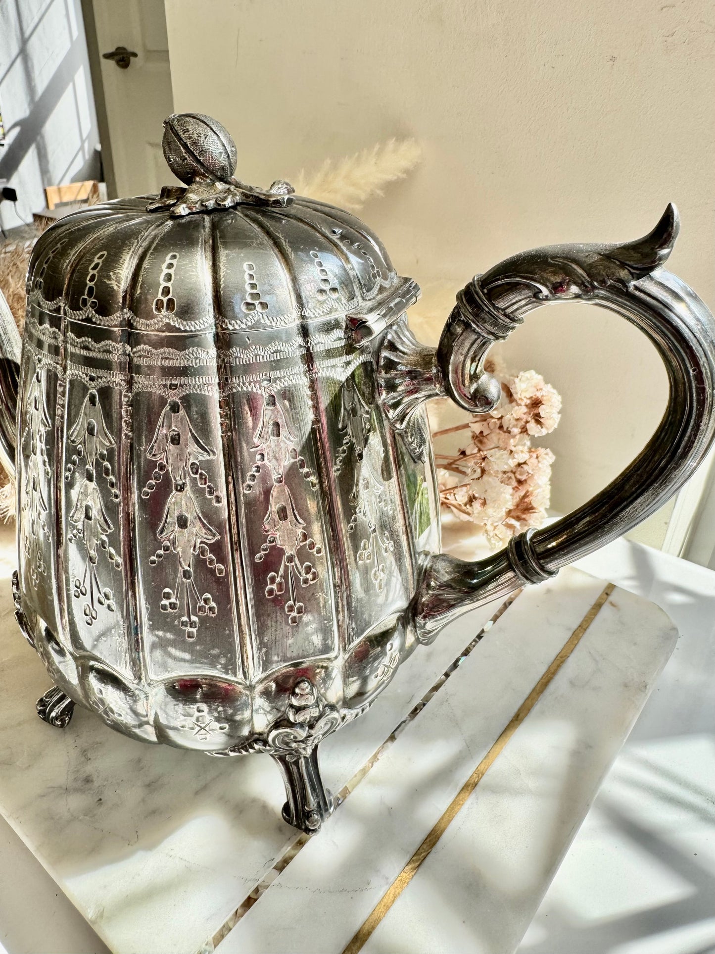 Antique James Deakin & Sons Silver Plated Teapot – Floral Engraved, Tripod Feet, Sheffield c.1890s