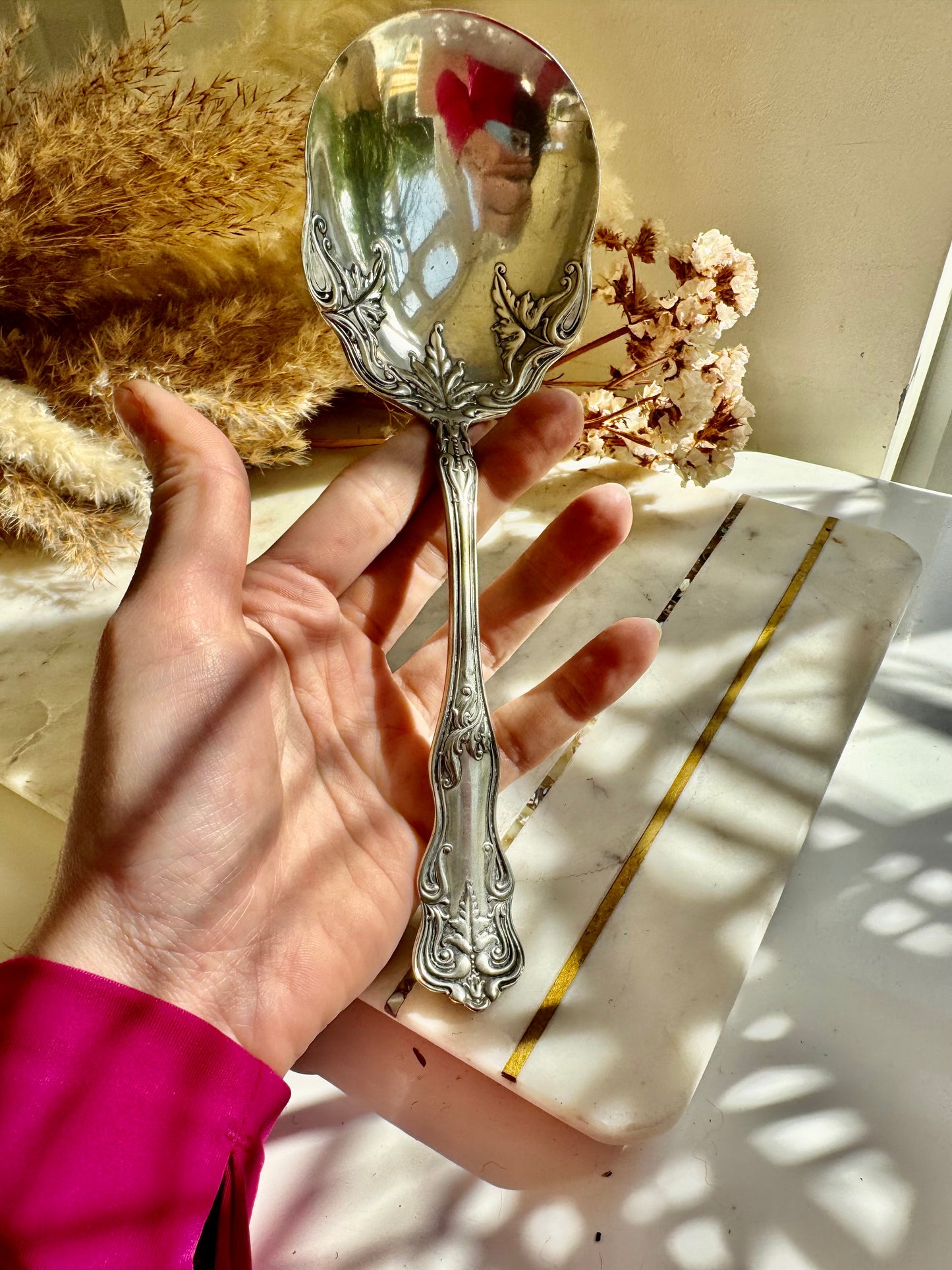 Antique Art Nouveau Silver Plated Serving Spoon with Botanical Relief