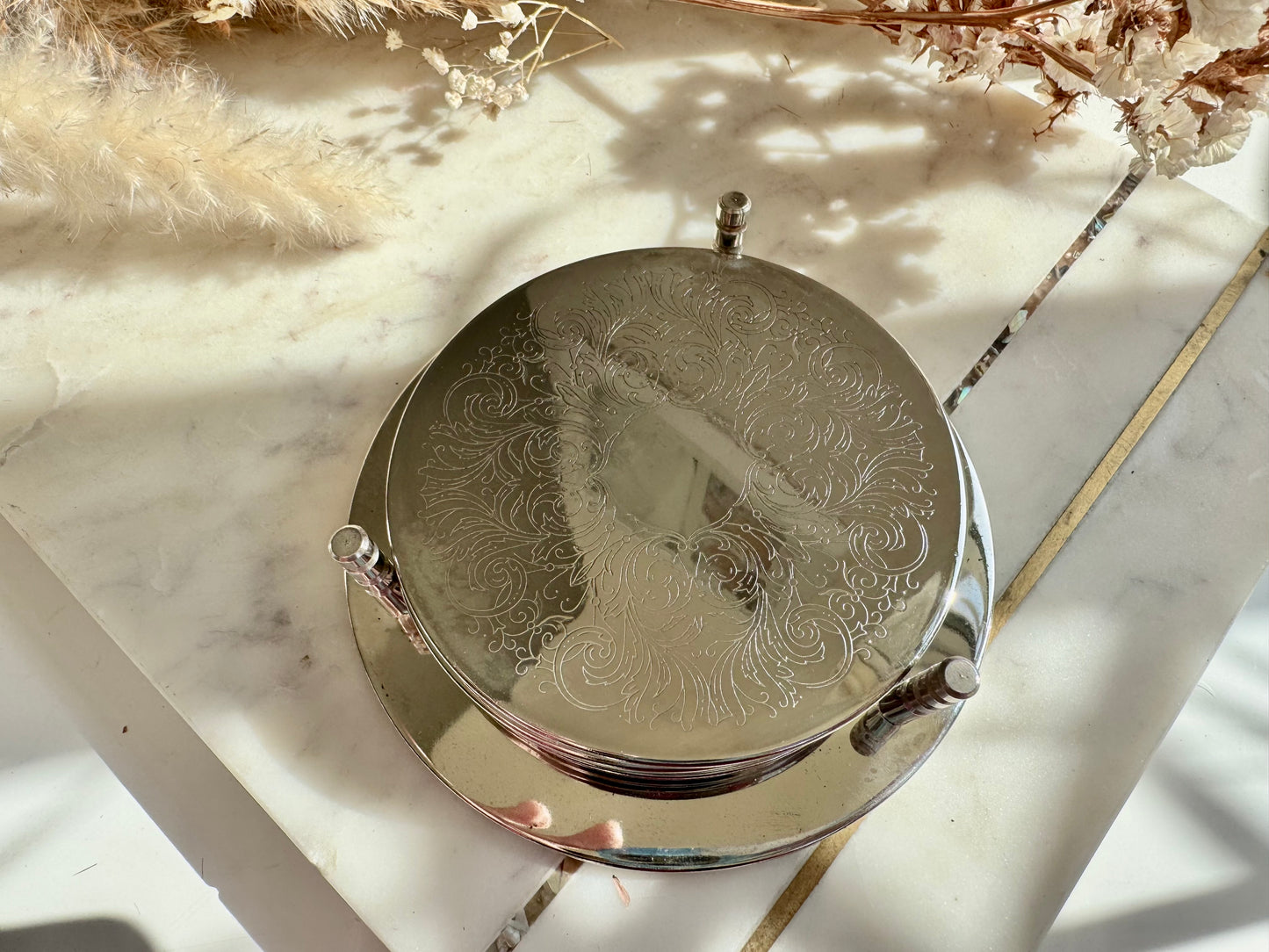 Set of 6 Vintage Silver Plated Drink Coasters with Etched Scrollwork and Rubber Backing