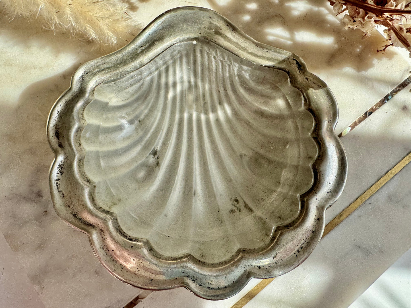 Vintage Silver Plated Shell Dish with Frosted Glass Insert