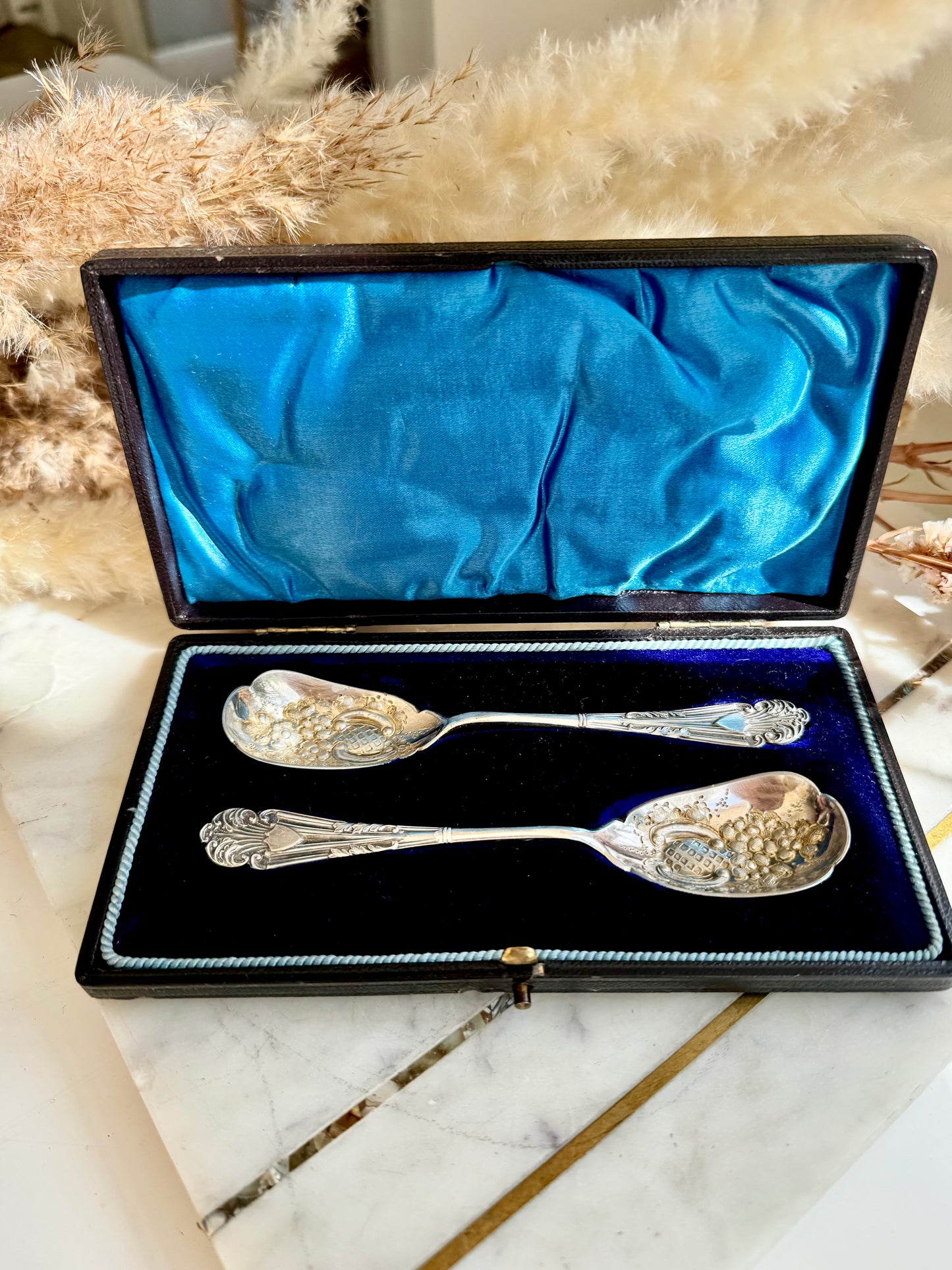 Antique Pair of Silver Plated Berry Spoons with Gilt Bowls — Grape Motif in Original Velvet Box