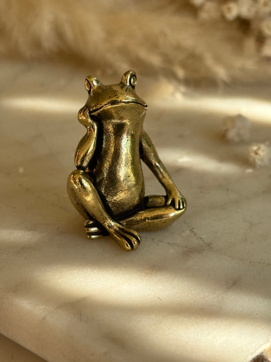 Solid Brass Thinking Frog Figurine – Miniature Sculpture