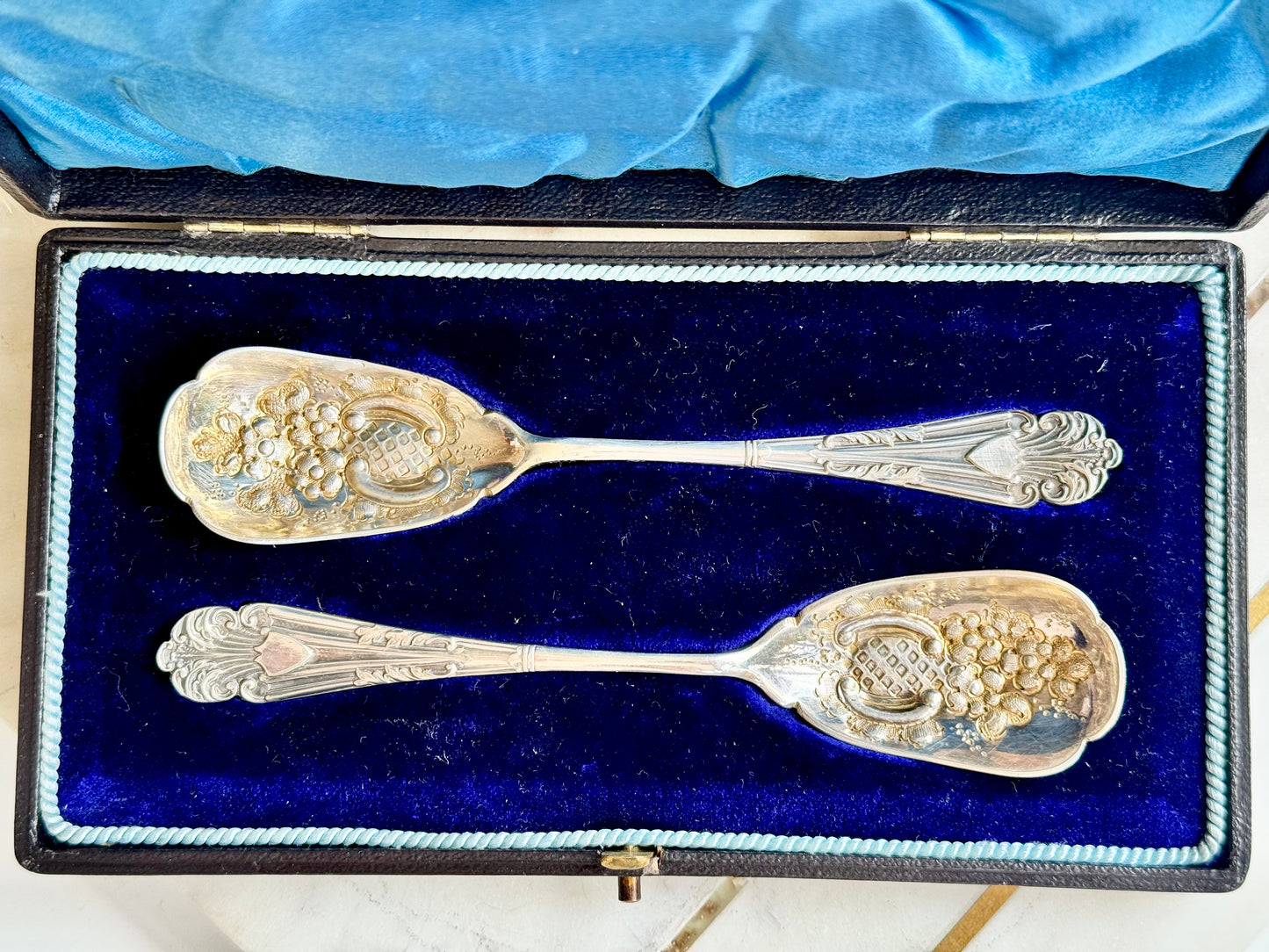 Antique Pair of Silver Plated Berry Spoons with Gilt Bowls — Grape Motif in Original Velvet Box