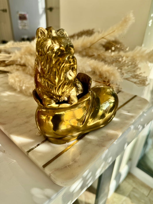 Vintage Solid Brass Yorkshire Terrier in a Boot – Whimsical Dog Figurine