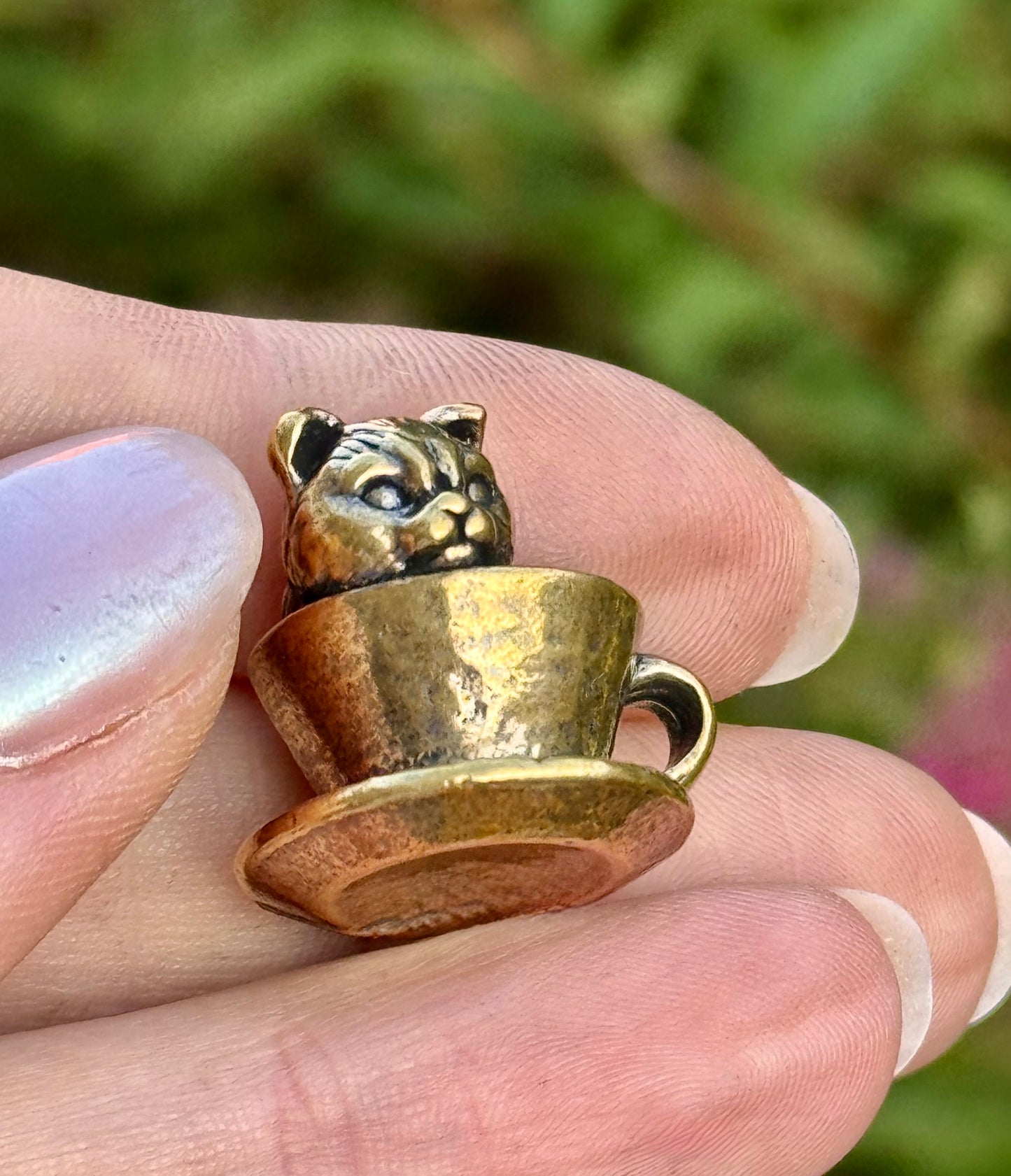 Miniature Brass Cat in Teacup – Whimsical Figurine