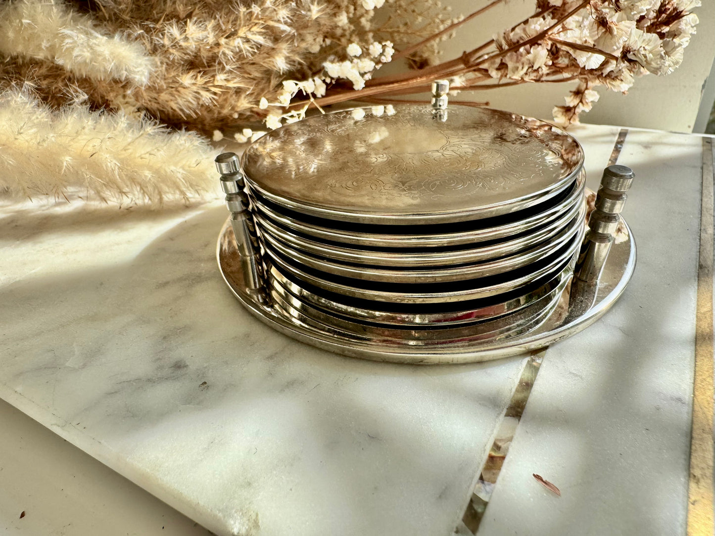 Set of 6 Vintage Silver Plated Drink Coasters with Etched Scrollwork and Rubber Backing