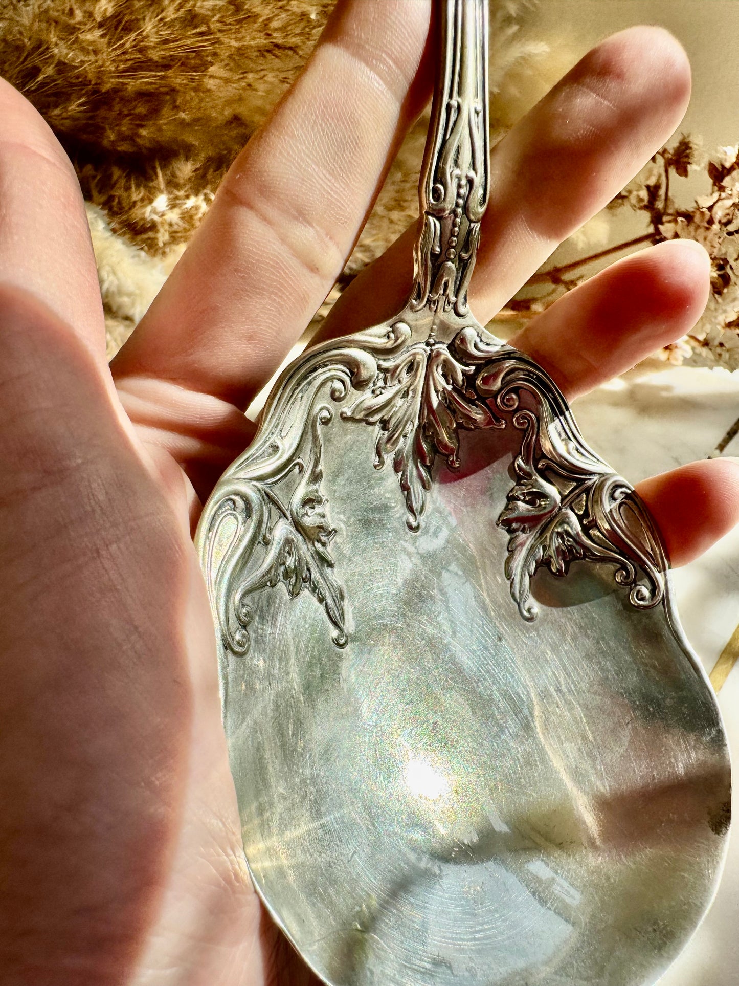 Antique Art Nouveau Silver Plated Serving Spoon with Botanical Relief
