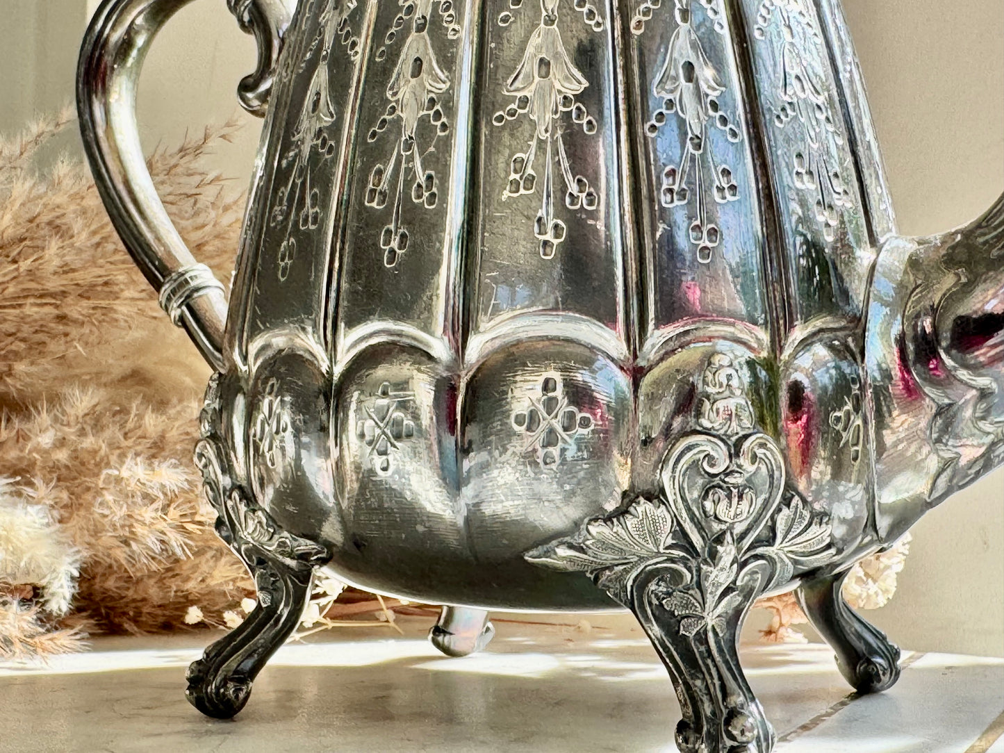 Antique James Deakin & Sons Silver Plated Teapot – Floral Engraved, Tripod Feet, Sheffield c.1890s