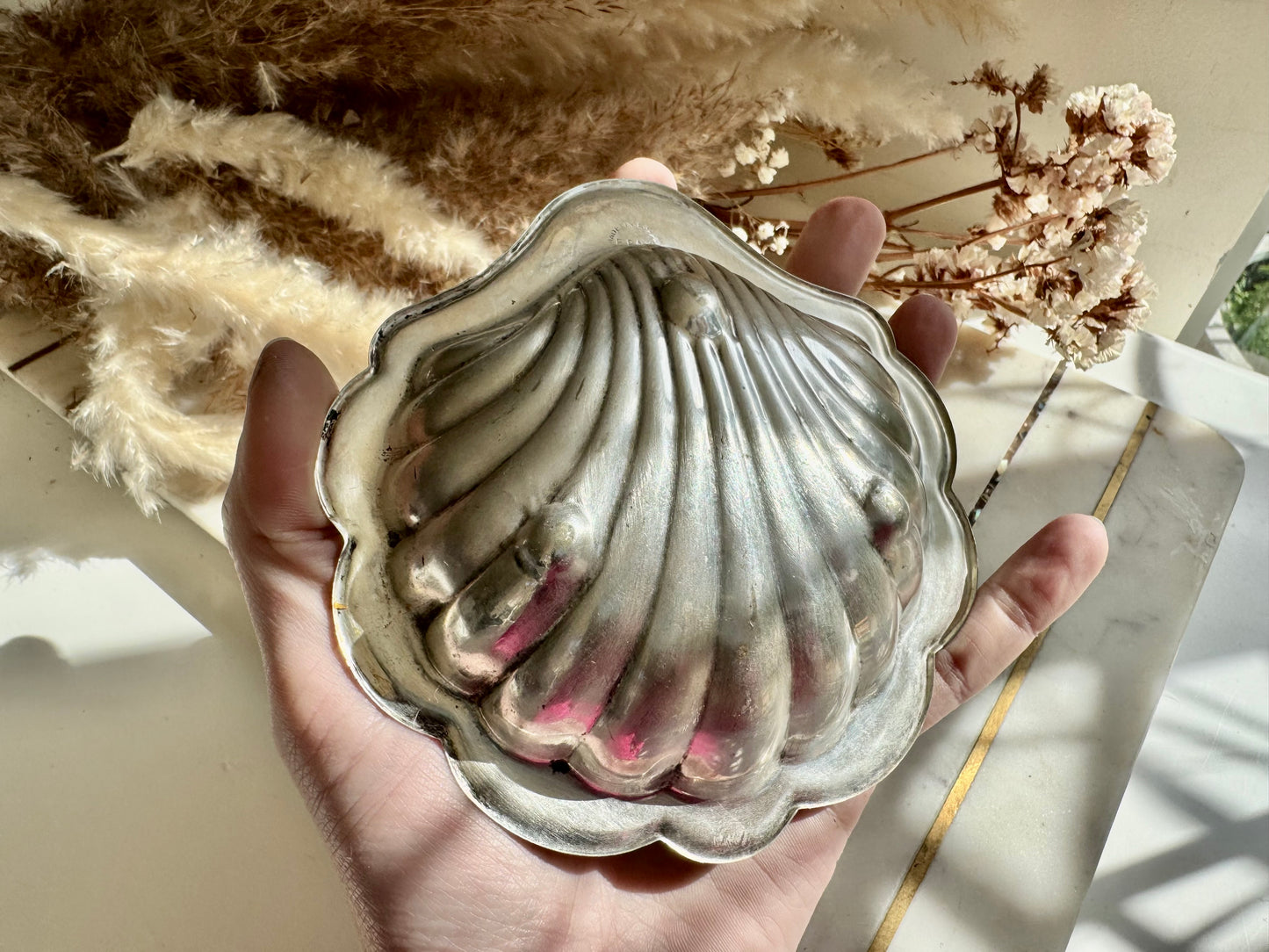 Vintage Silver Plated Shell Dish with Frosted Glass Insert