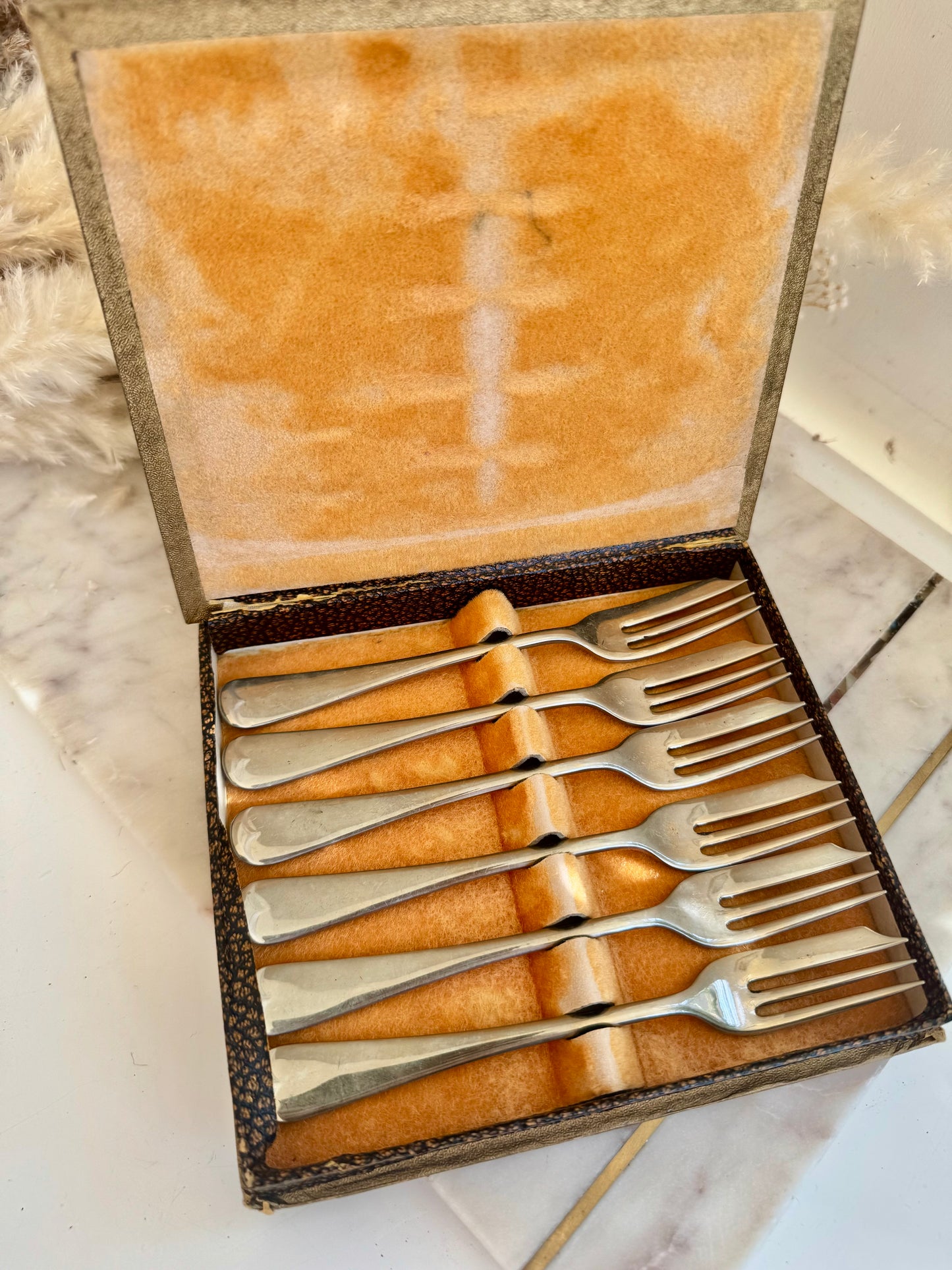 Vintage English Nickel Silver Dessert Forks – Set of 6 in Original Spelter Case