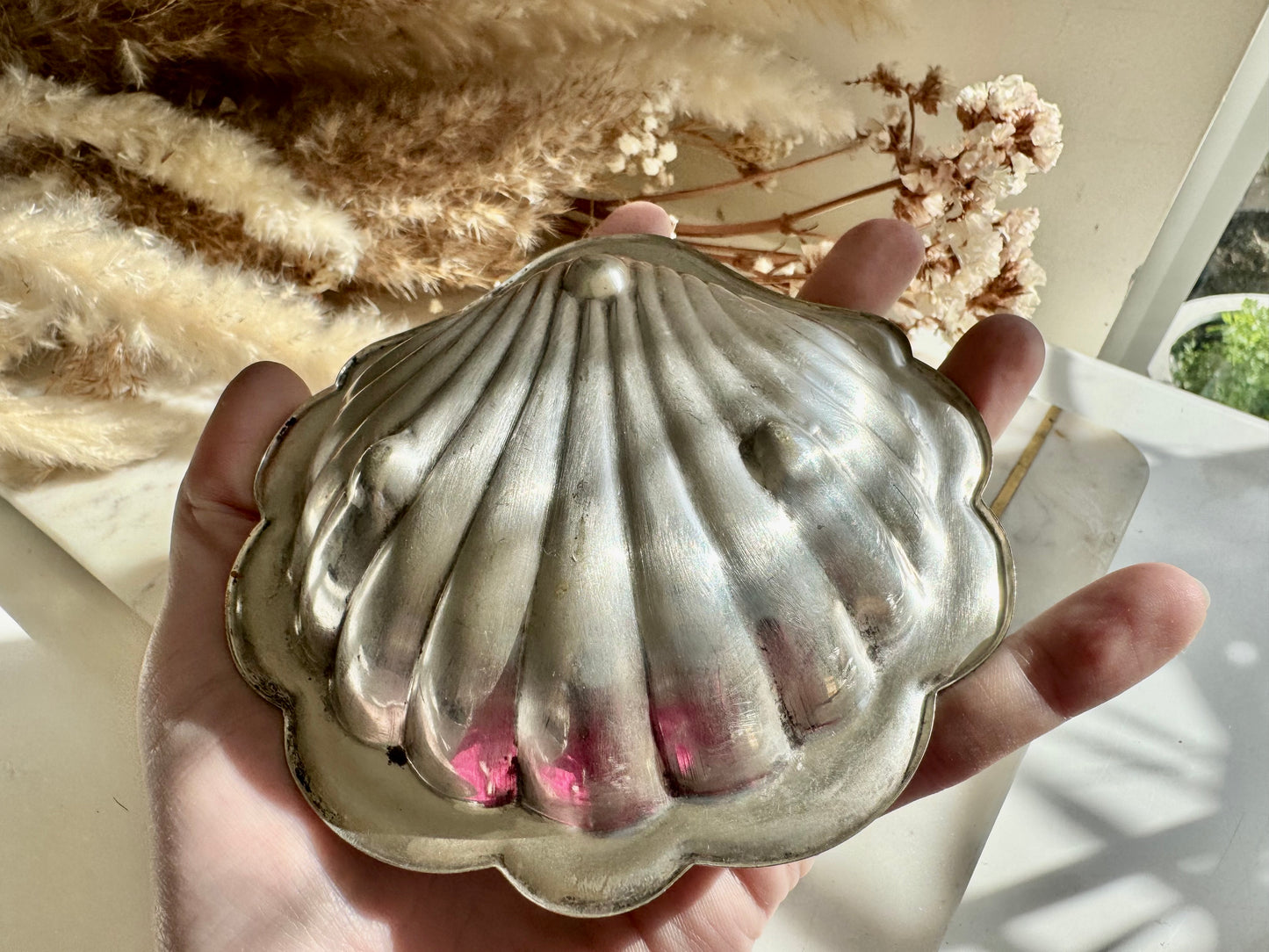 Vintage Silver Plated Shell Dish with Frosted Glass Insert