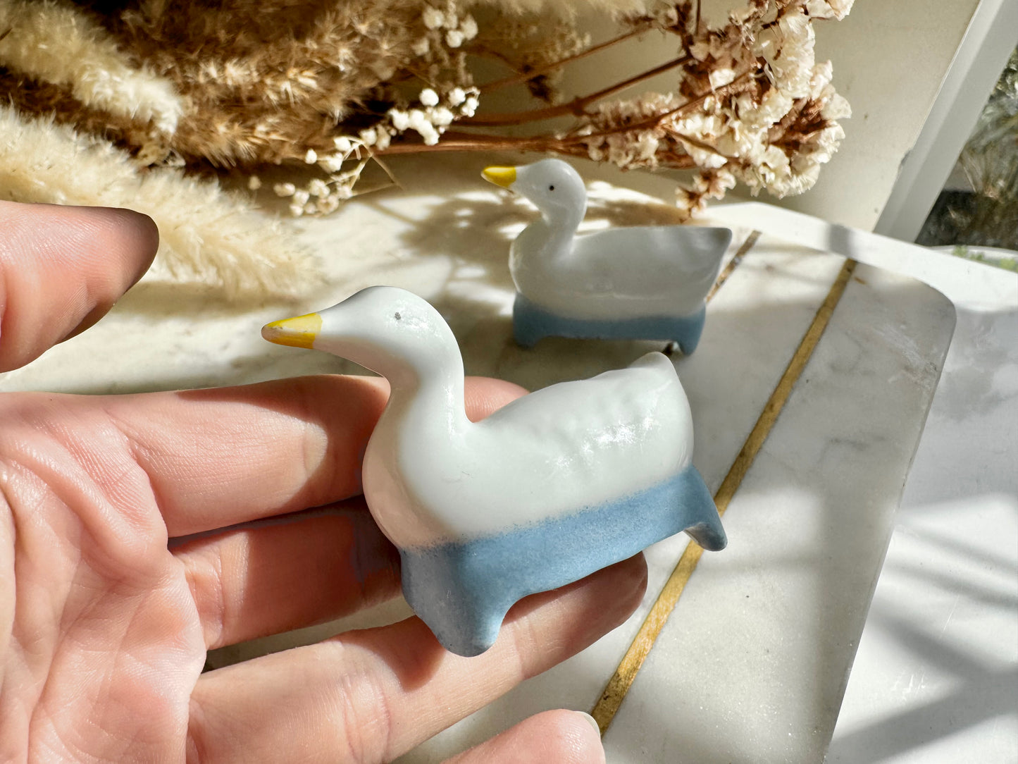 Vintage Ceramic Duck Cutlery Rests – Set of 2 Blue and White Glazed Knife Holders, 1980s