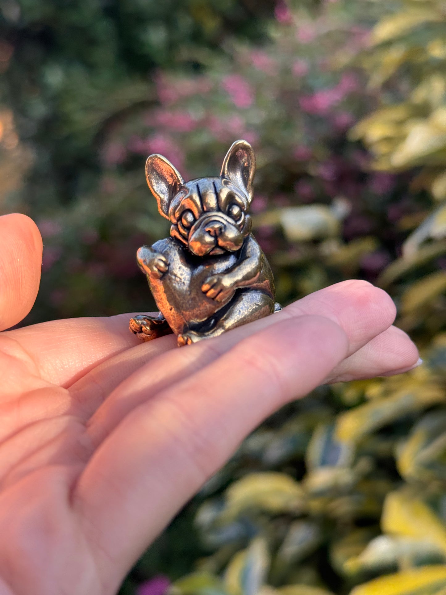 Solid Brass French Bulldog with Heart, Dog Figurine Symbolising Love