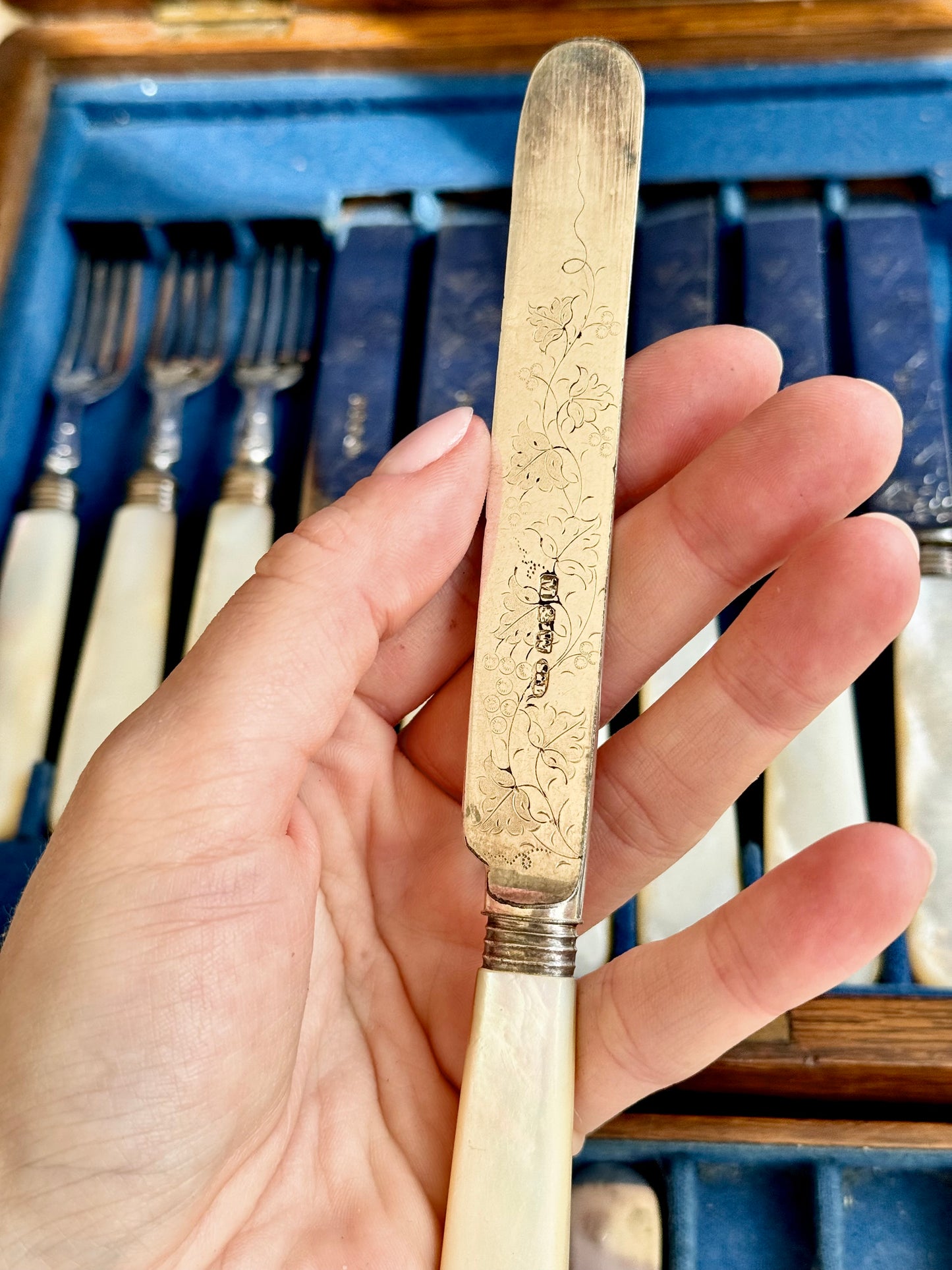 Antique Mappin & Webb Cutlery Set – Mother of Pearl Handles – c.1900s – Oak Case
