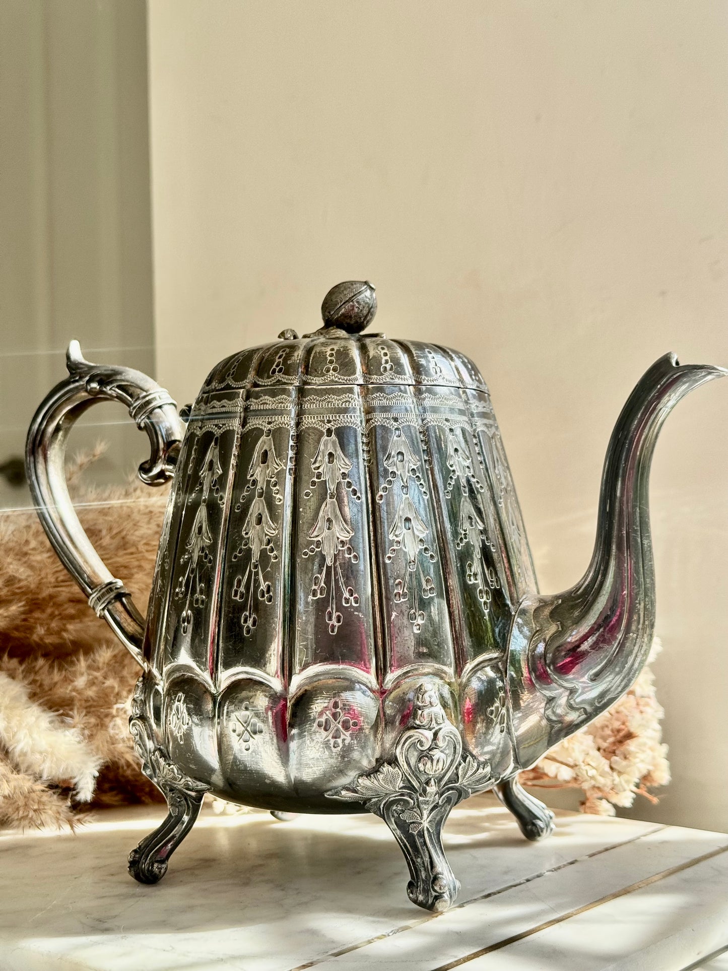 Antique James Deakin & Sons Silver Plated Teapot – Floral Engraved, Tripod Feet, Sheffield c.1890s