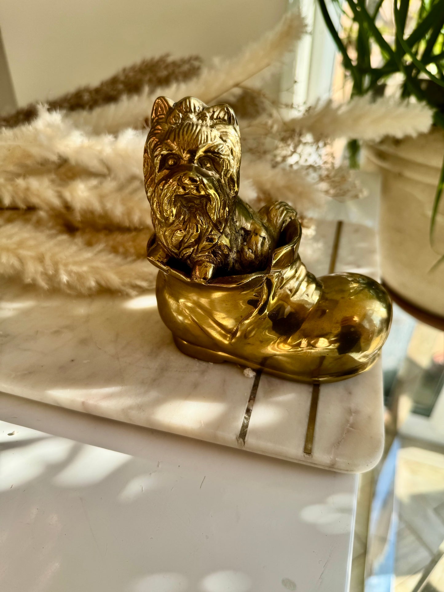 Vintage Solid Brass Yorkshire Terrier in a Boot – Whimsical Dog Figurine