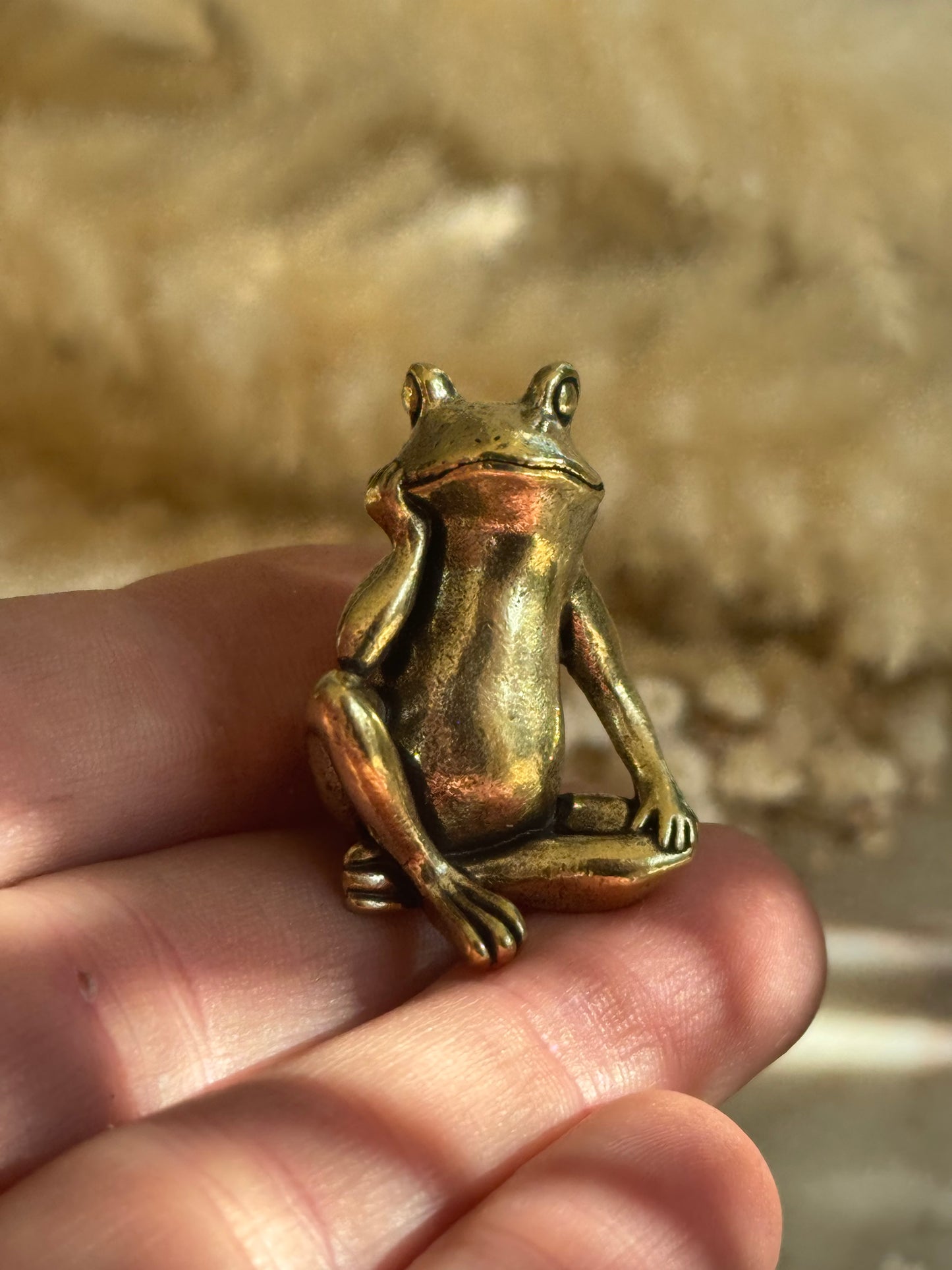 Solid Brass Thinking Frog Figurine – Miniature Sculpture