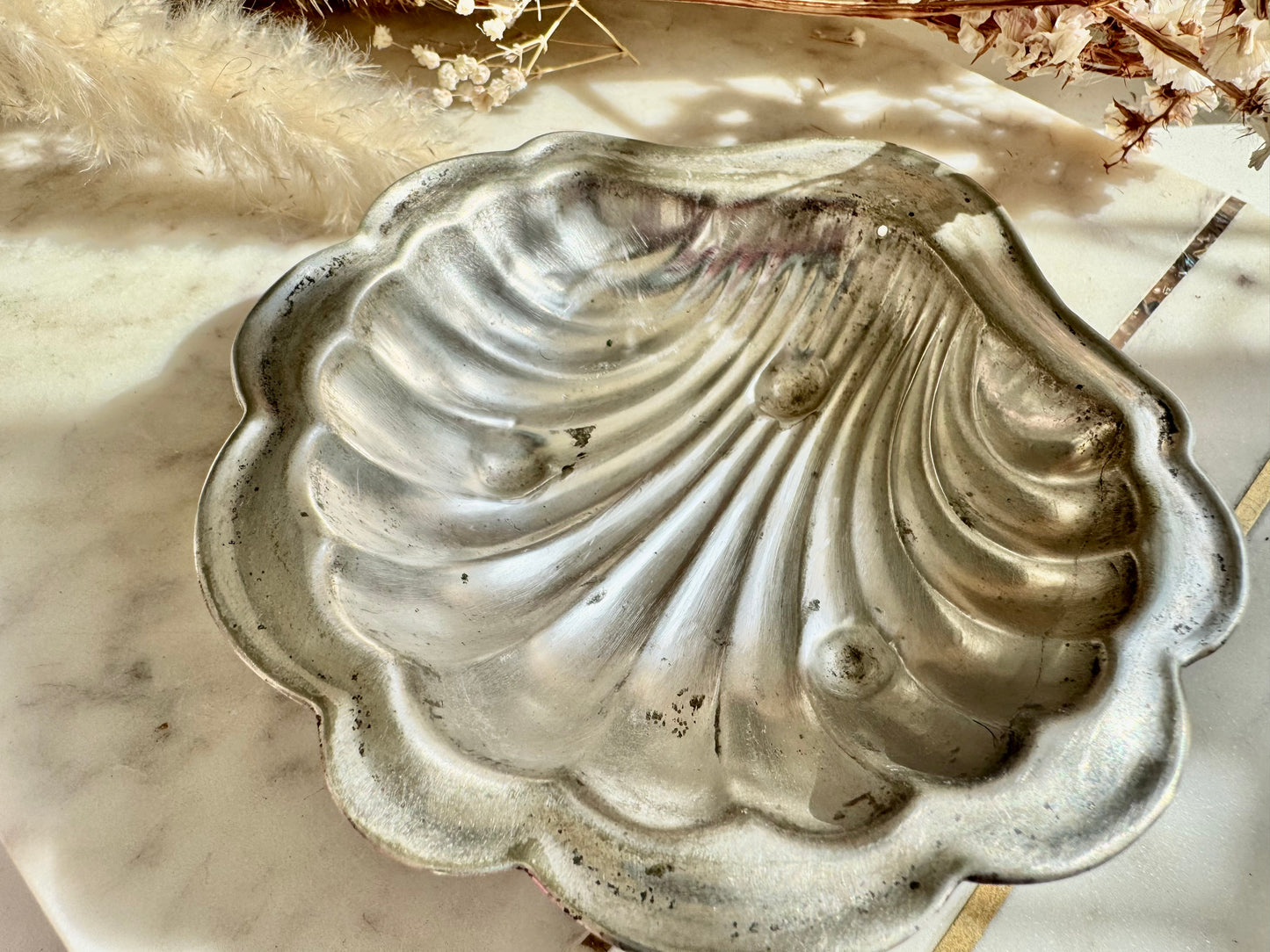 Vintage Silver Plated Shell Dish with Frosted Glass Insert