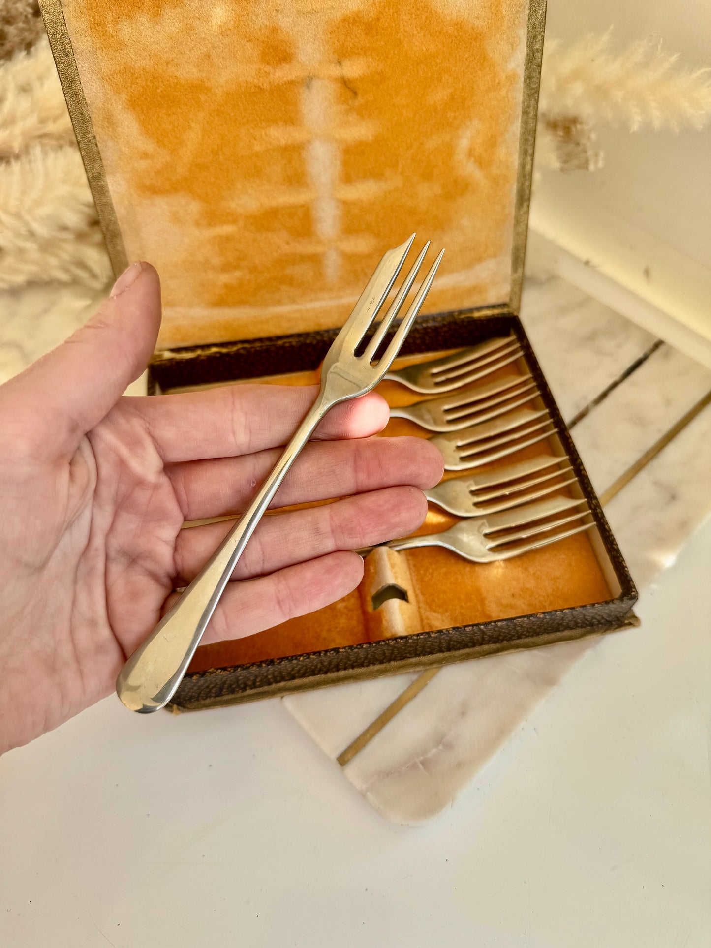 Vintage English Nickel Silver Dessert Forks – Set of 6 in Original Spelter Case
