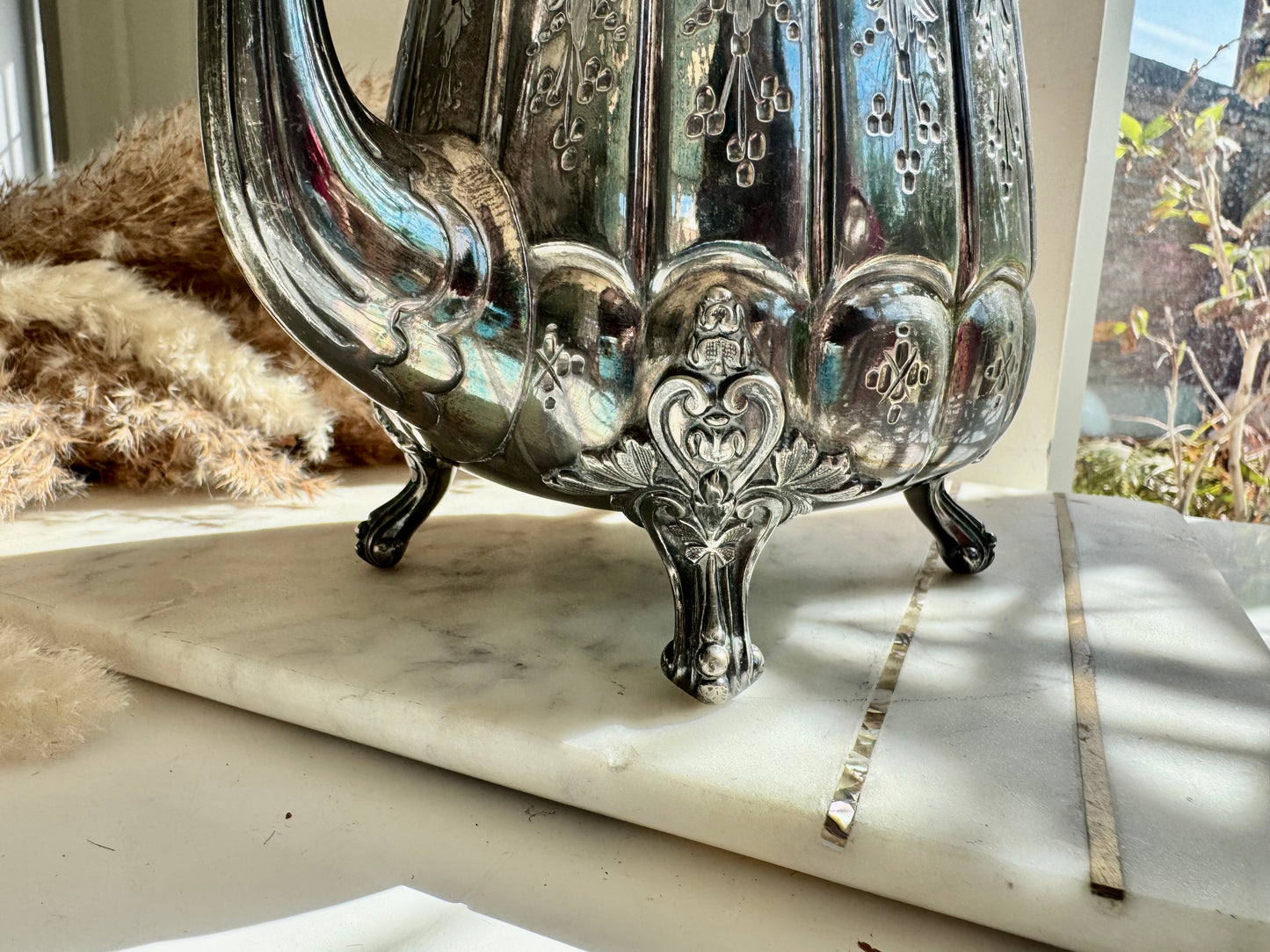 Antique James Deakin & Sons Silver Plated Teapot – Floral Engraved, Tripod Feet, Sheffield c.1890s
