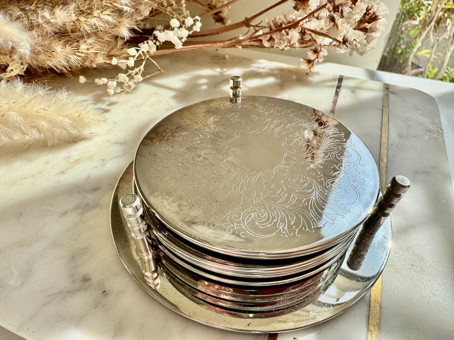 Set of 6 Vintage Silver Plated Drink Coasters with Etched Scrollwork and Rubber Backing