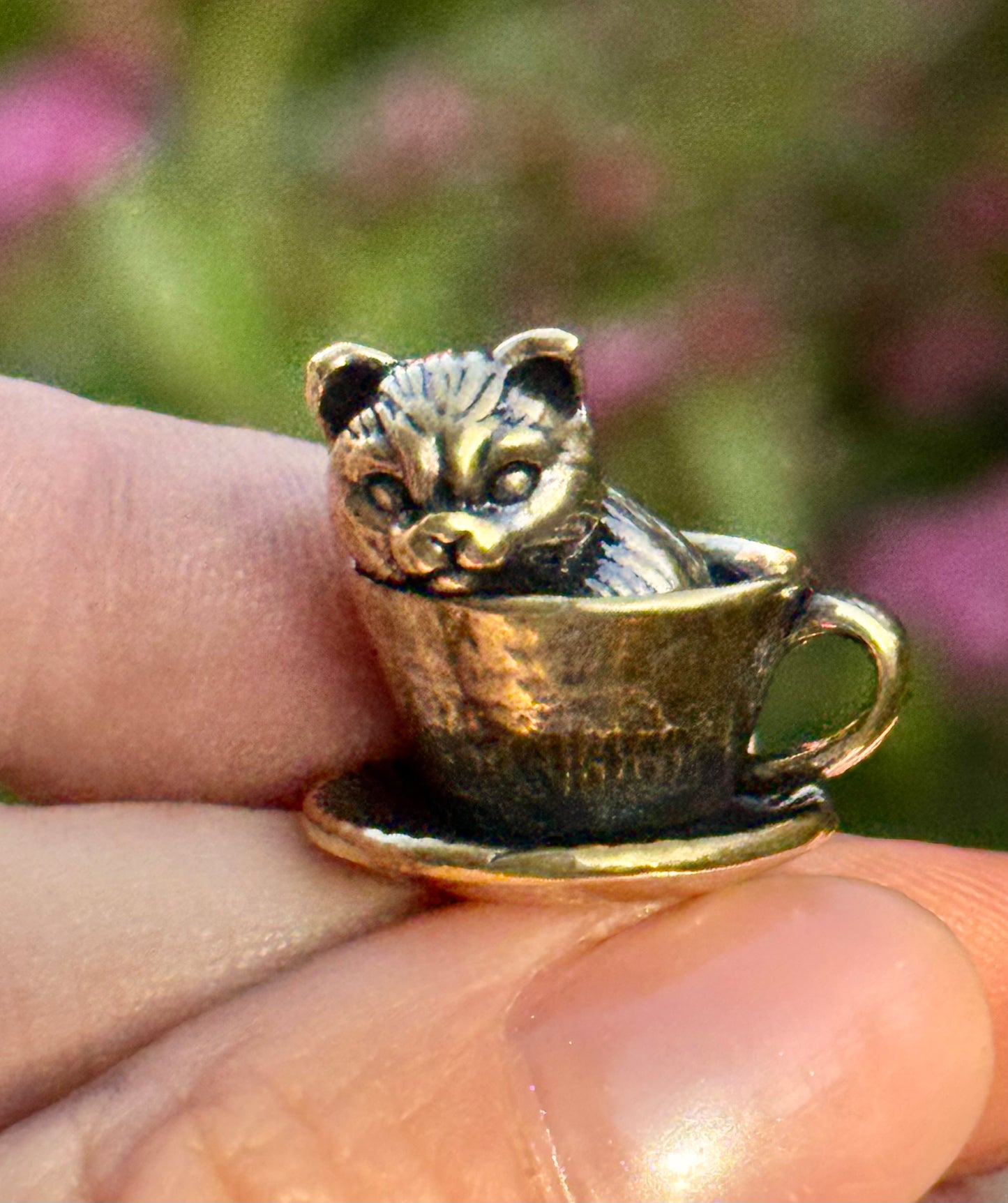 Miniature Brass Cat in Teacup – Whimsical Figurine