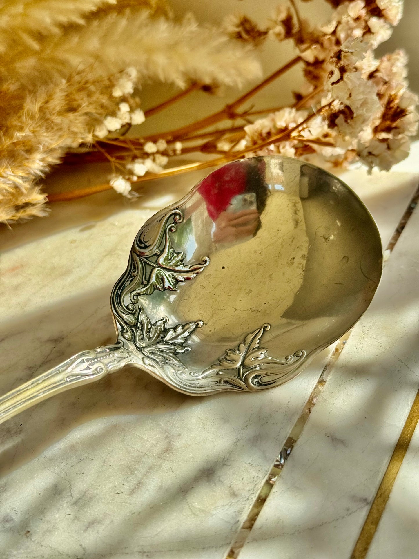 Antique Art Nouveau Silver Plated Serving Spoon with Botanical Relief