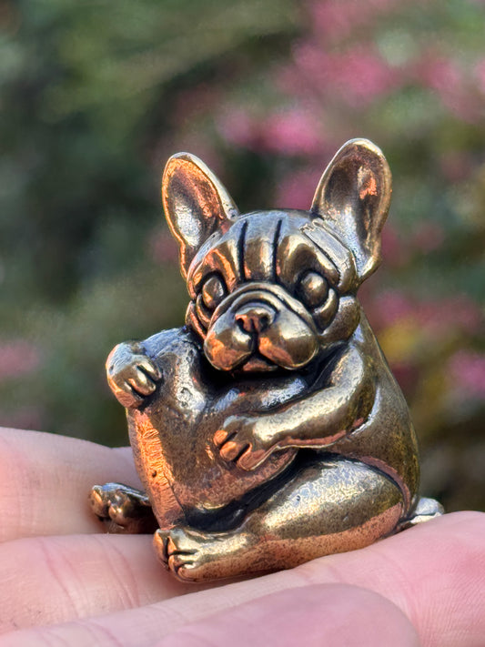 Solid Brass French Bulldog with Heart, Dog Figurine Symbolising Love
