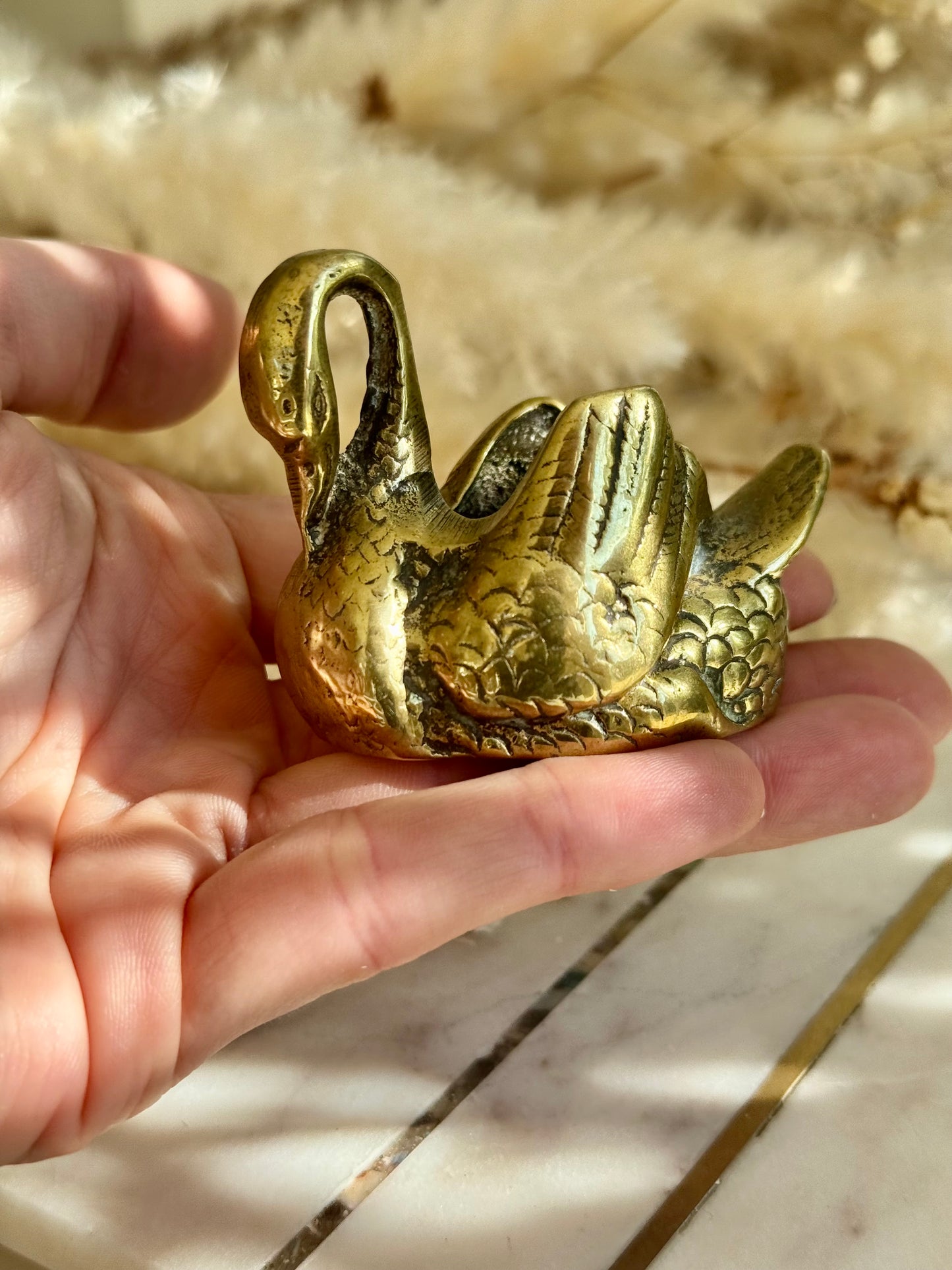 Miniature Brass Swan Match Strike Holder – Mid-Century English Decor