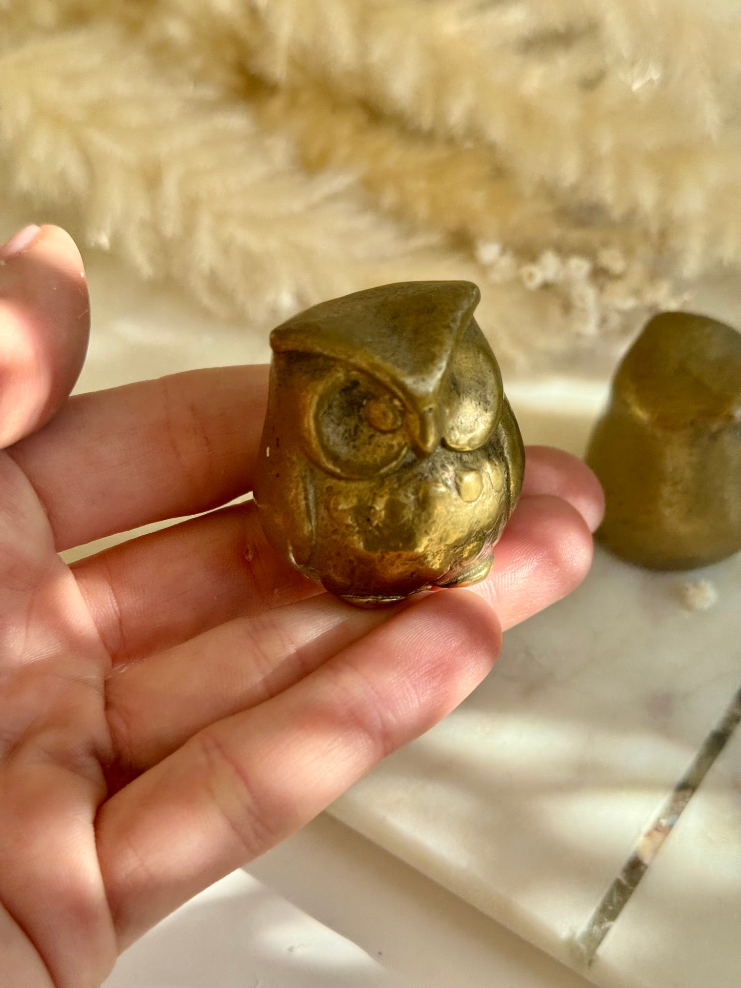 Pair of Vintage Solid Brass Owl Figurines – Mid-Century Miniature Animal Sculptures