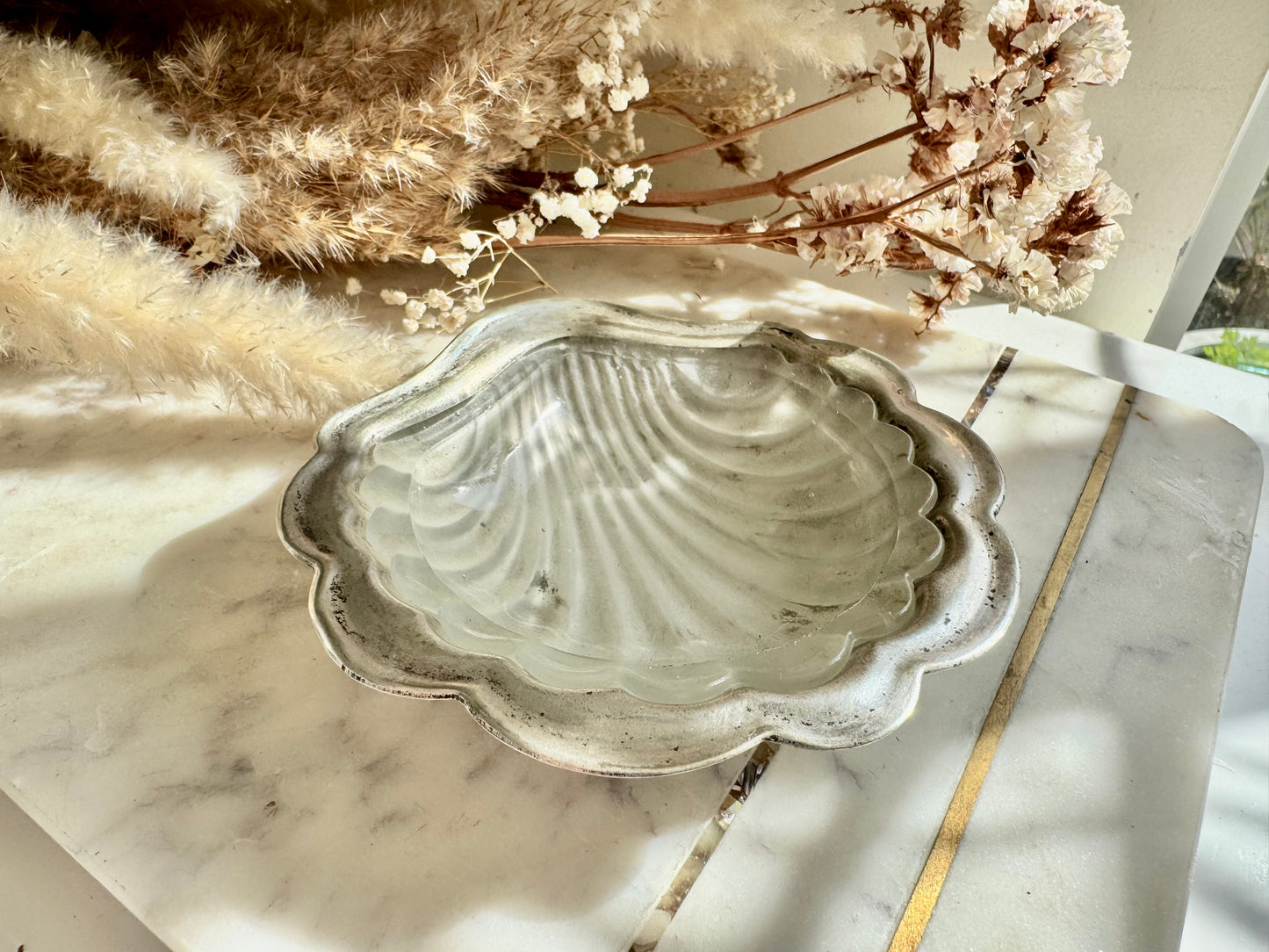 Vintage Silver Plated Shell Dish with Frosted Glass Insert