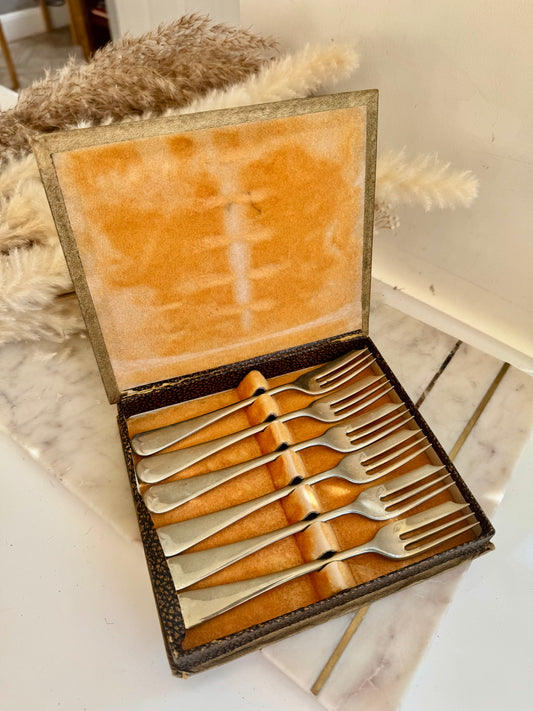 Vintage English Nickel Silver Dessert Forks – Set of 6 in Original Spelter Case