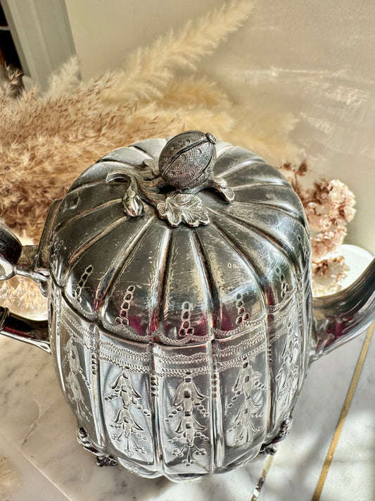 Antique James Deakin & Sons Silver Plated Teapot – Floral Engraved, Tripod Feet, Sheffield c.1890s