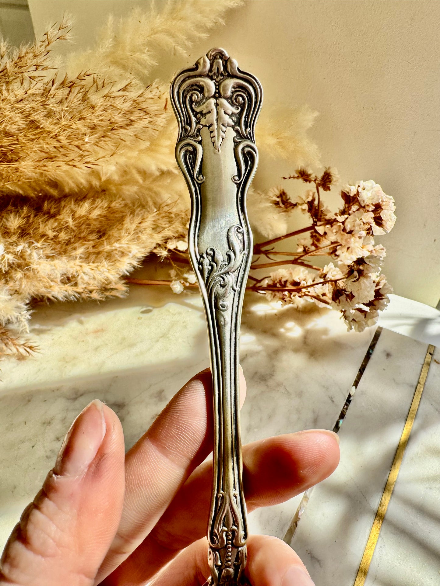 Antique Art Nouveau Silver Plated Serving Spoon with Botanical Relief