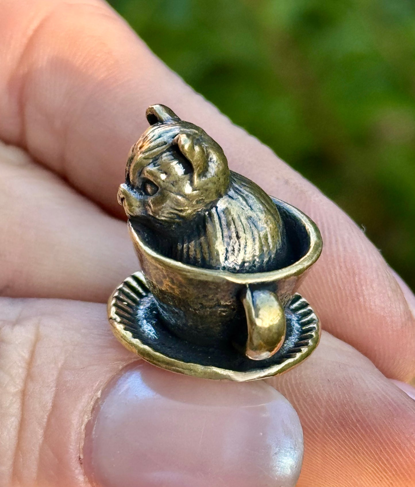 Miniature Brass Cat in Teacup – Whimsical Figurine