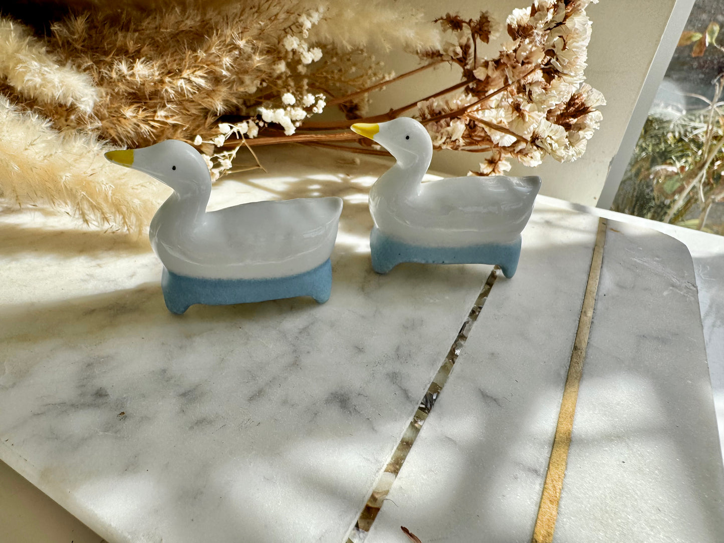 Vintage Ceramic Duck Cutlery Rests – Set of 2 Blue and White Glazed Knife Holders, 1980s