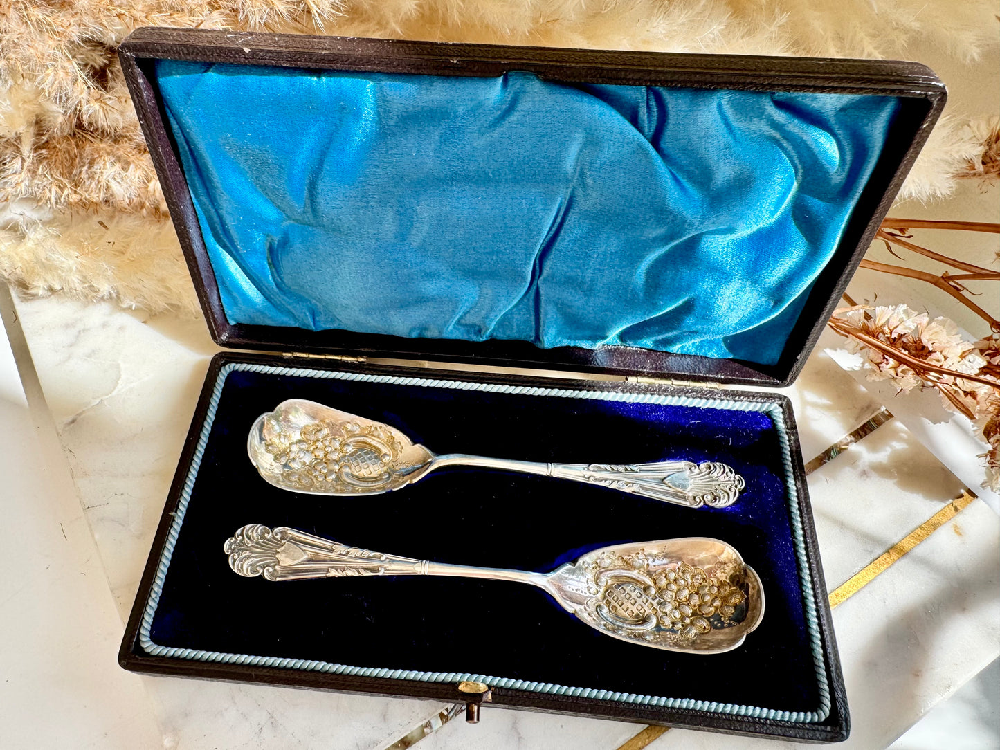 Antique Pair of Silver Plated Berry Spoons with Gilt Bowls — Grape Motif in Original Velvet Box