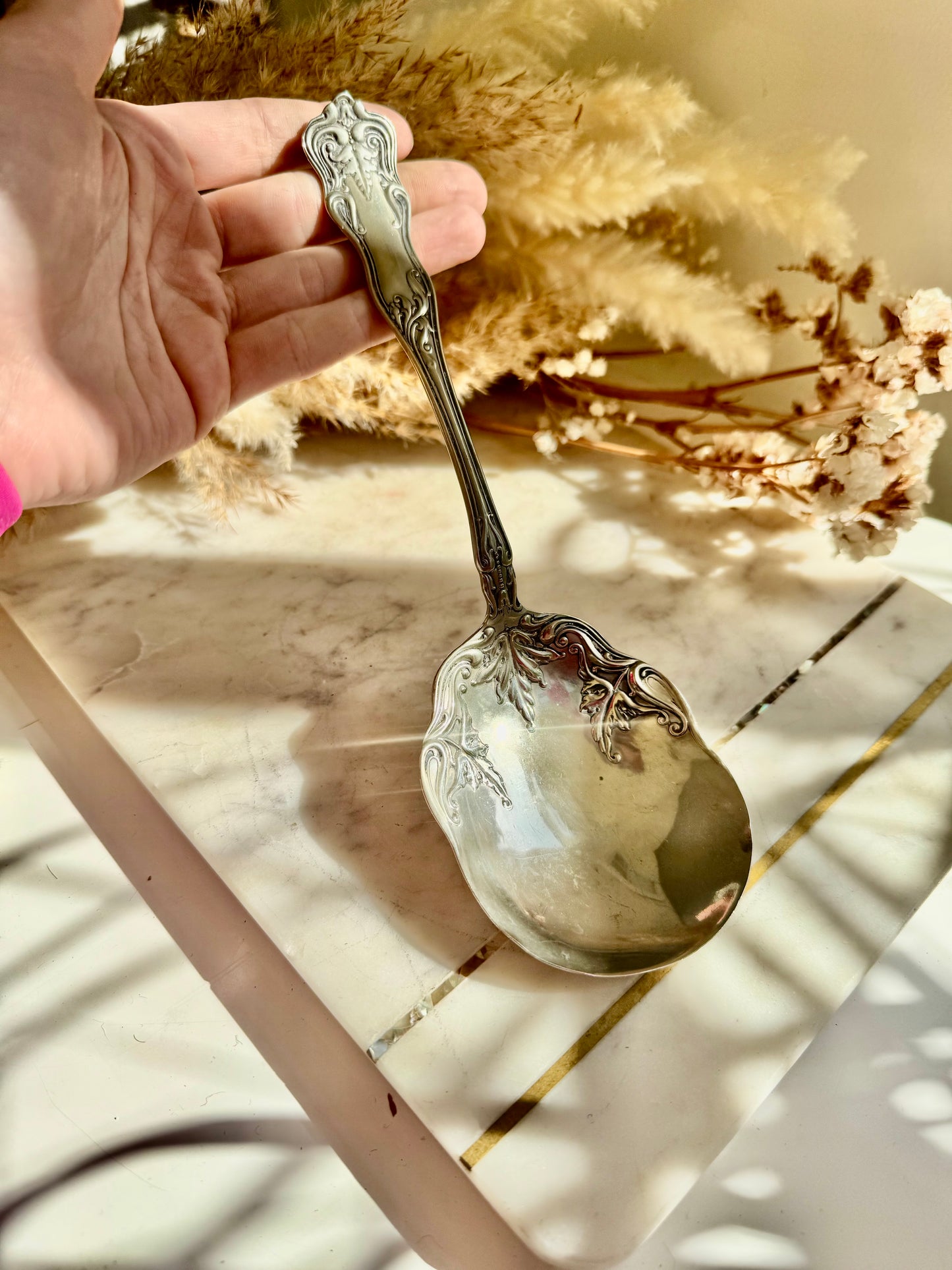 Antique Art Nouveau Silver Plated Serving Spoon with Botanical Relief