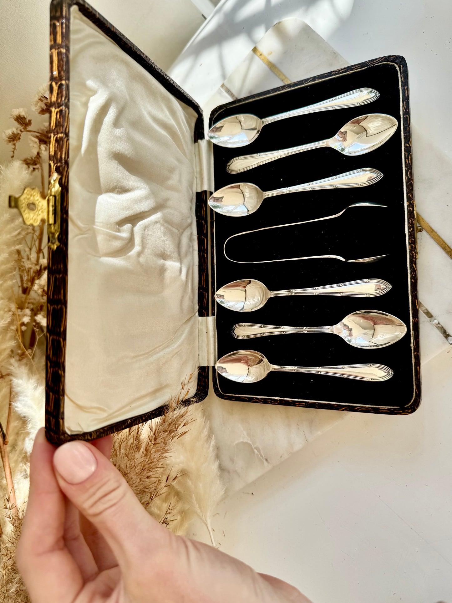 Antique EPNS Silver Plated Teaspoon Set in Ornate Faux-Croc Box – 7 Pieces with Sugar Tongs