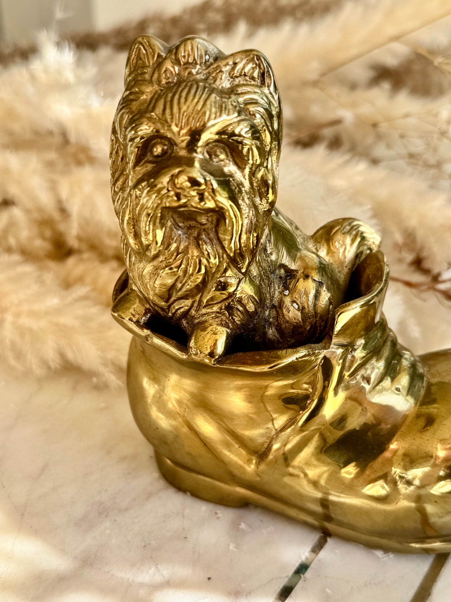 Vintage Solid Brass Yorkshire Terrier in a Boot – Whimsical Dog Figurine